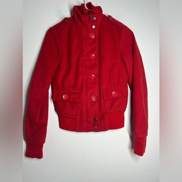 WOMENS JUNIORS SOUND & MATTER BASIC WOOL BLEND JACKET RED W/ BUTTONS SIZE XS - Picture 4 of 15